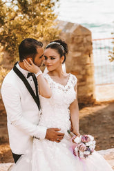 Cap Sleeves Wedding Dress V-Neck Long With Appliques